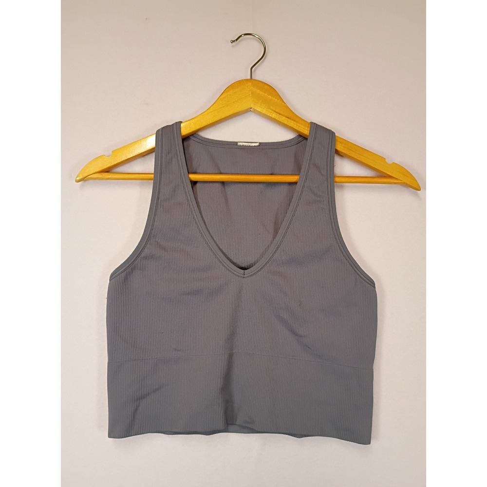 Athleisure Athleta Womens XS Blue Gray Aurora Ribbed Seamless V-Neck Crop Tank